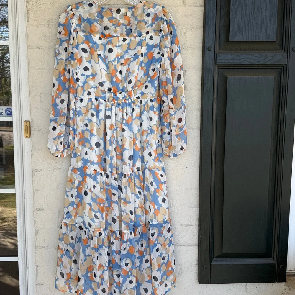 Joie Blue/Coral Floral Tiered Flowy Boho Prairie Dress W High-Low Hem Size XS - Picture 10 of 15